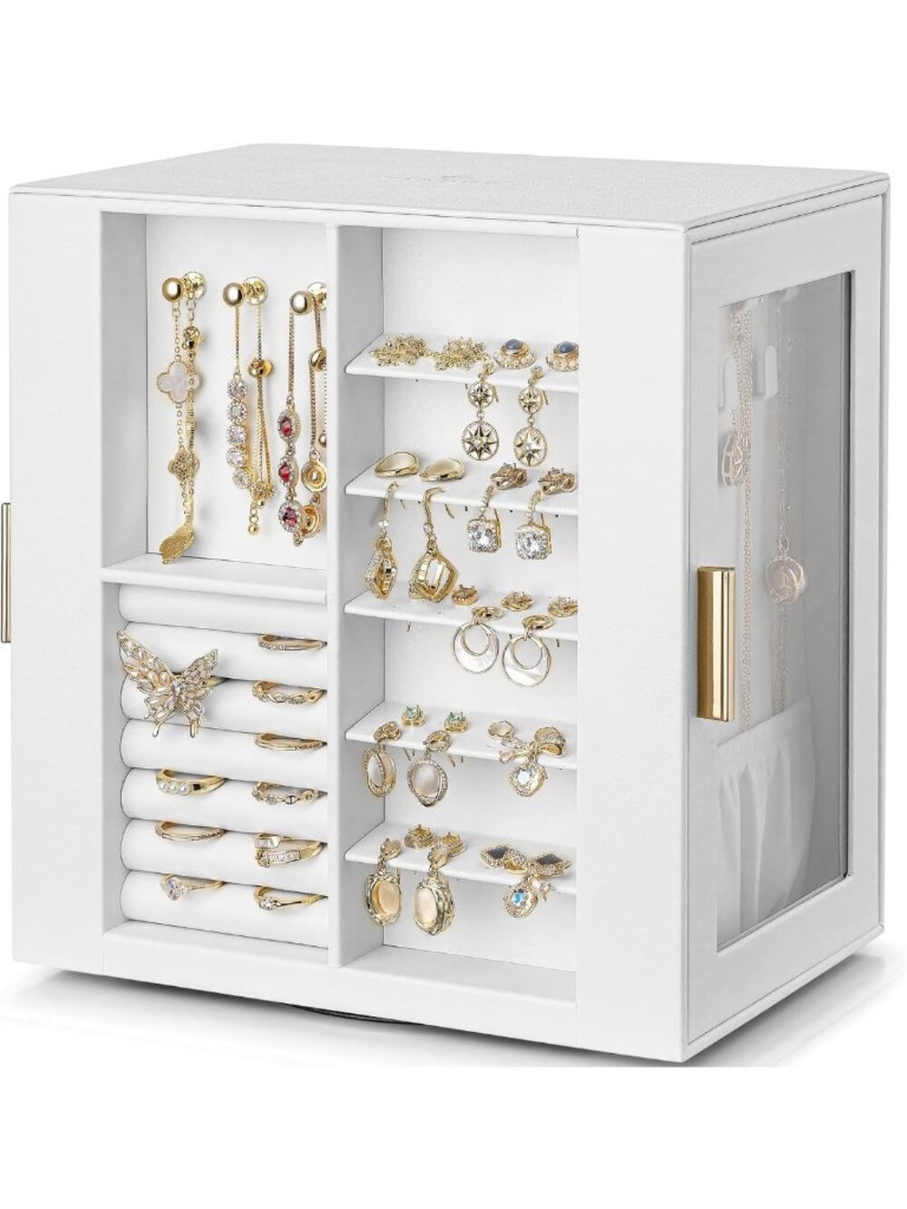 360° Rotating Jewelry Box - PU Leather, 5 Drawers, Glass Window, Organizer